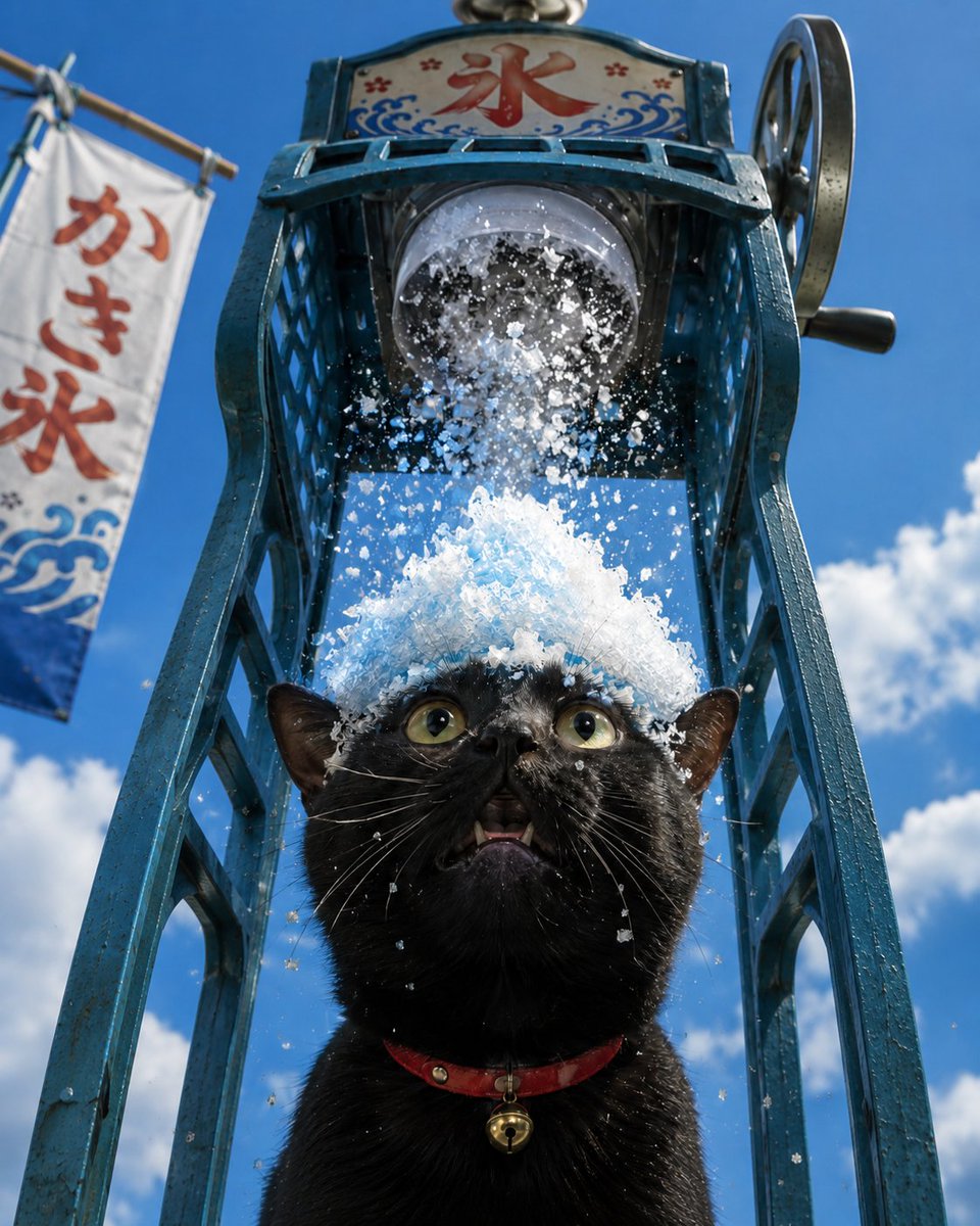 Create a photorealistic low-angle summer street photo of a startled {argument name="cat color" default="black… - AI提示词参考图，来自西西提示词