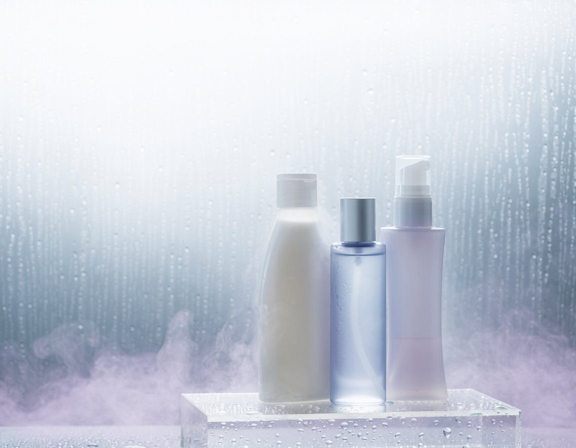 Create a photorealistic luxury skincare product still life on a 4:3 horizontal canvas. Show exactly 3 unlabel… - AI提示词参考图，来自西西提示词