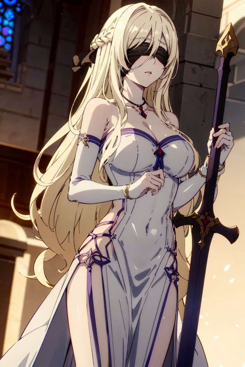 Create a polished anime fantasy character illustration of an elegant blindfolded priestess-warrior standing i… - AI提示词参考图，来自西西提示词