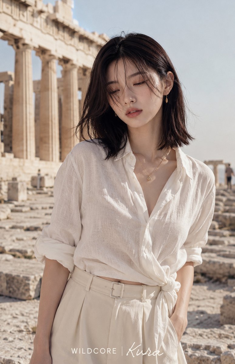Create a vertical fashion editorial portrait at an ancient Greek temple ruin in bright natural daylight. A yo… - AI提示词参考图，来自西西提示词