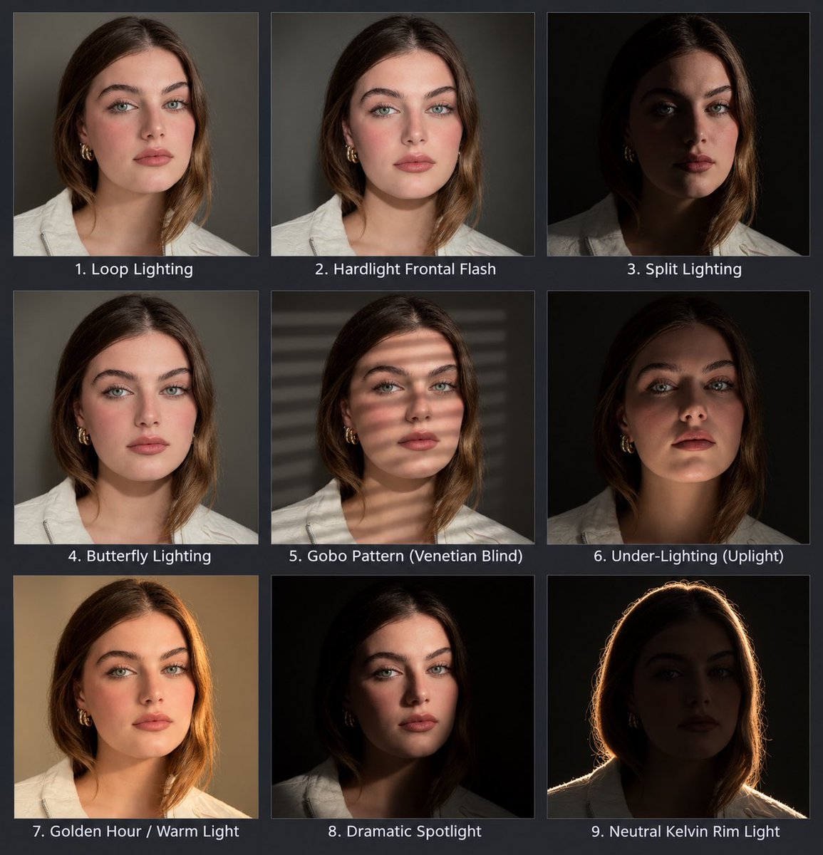 A 3x3 photo grid presented as a single image on a {argument name="background color" default="dark grey"} back… - AI提示词参考图，来自西西提示词