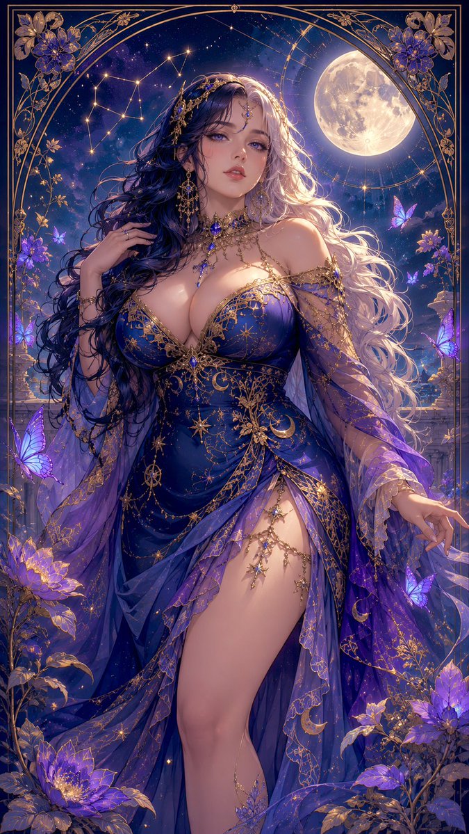 A beautiful, {argument name="figure type" default="buxom, full-figured"} woman with long, wavy split-dyed hai… - AI提示词参考图，来自西西提示词