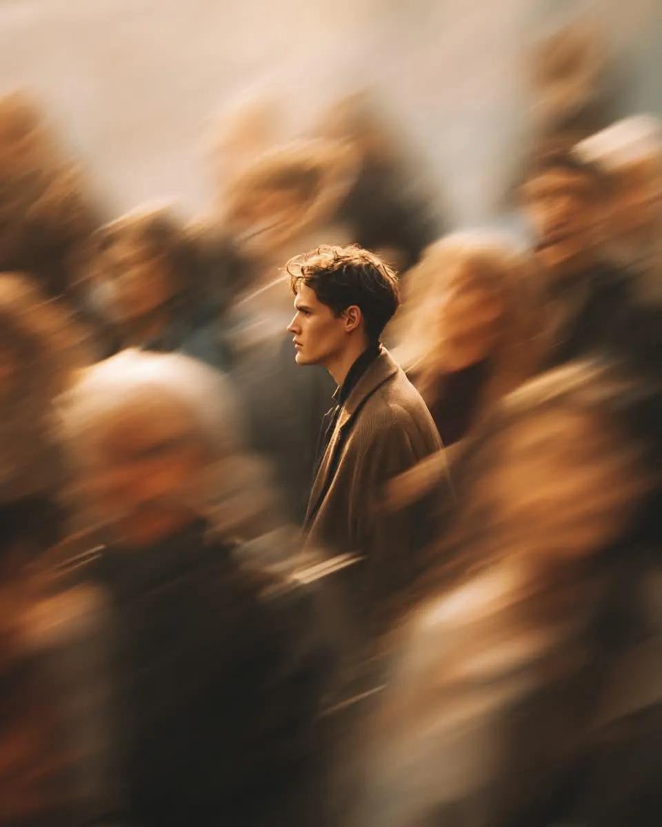 A cinematic street portrait of a solitary young man standing perfectly still in the middle of a fast-moving c… - AI提示词参考图，来自西西提示词