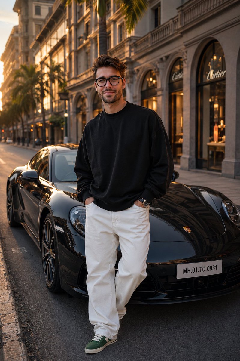 Ultra-realistic cinematic full-body fashion portrait of a confident young man standing on {argument name="loc… - AI提示词参考图，来自西西提示词
