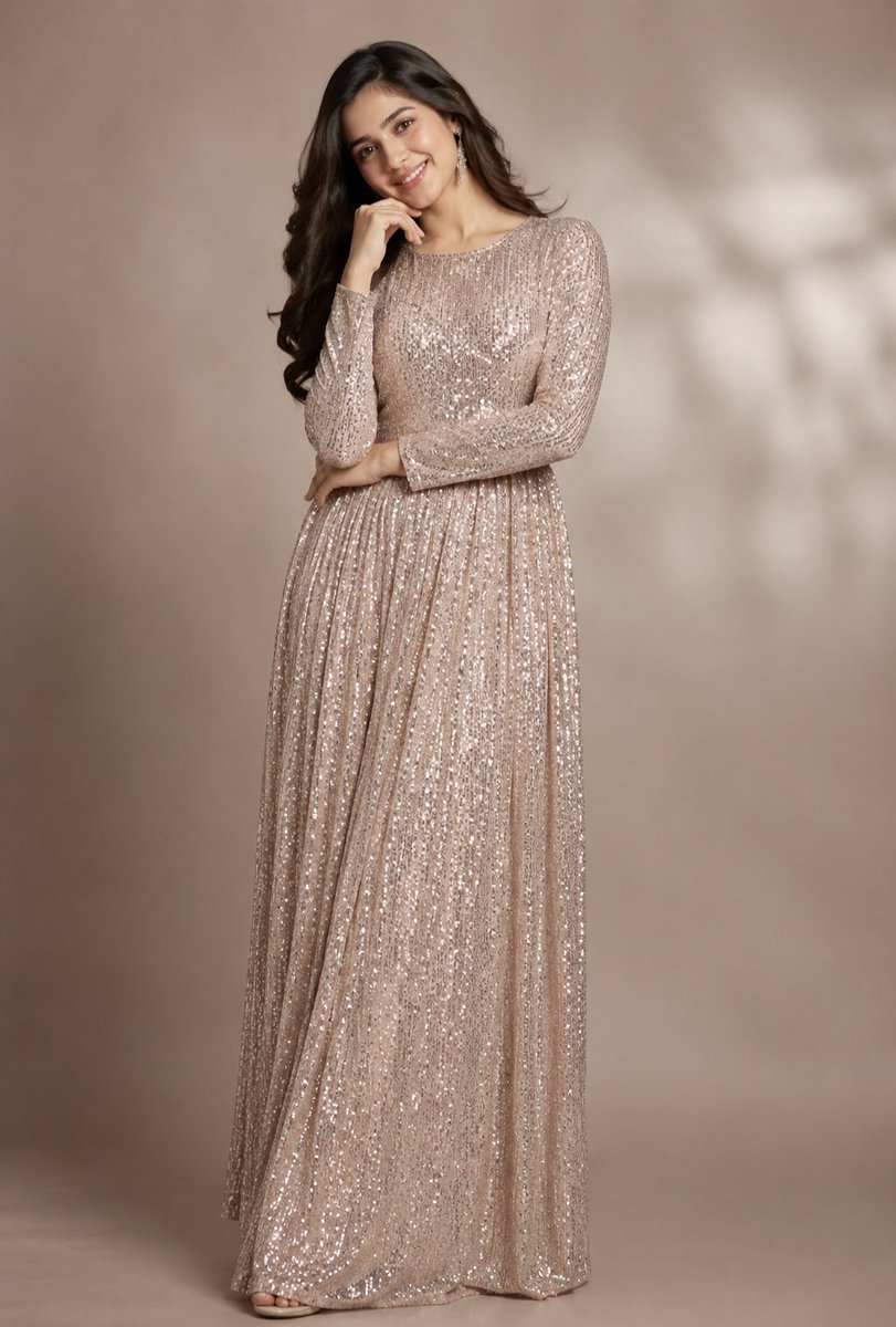 A full-length fashion photoshoot showcasing a graceful {argument name="ethnicity" default="South Asian"} woma… - AI提示词参考图，来自西西提示词