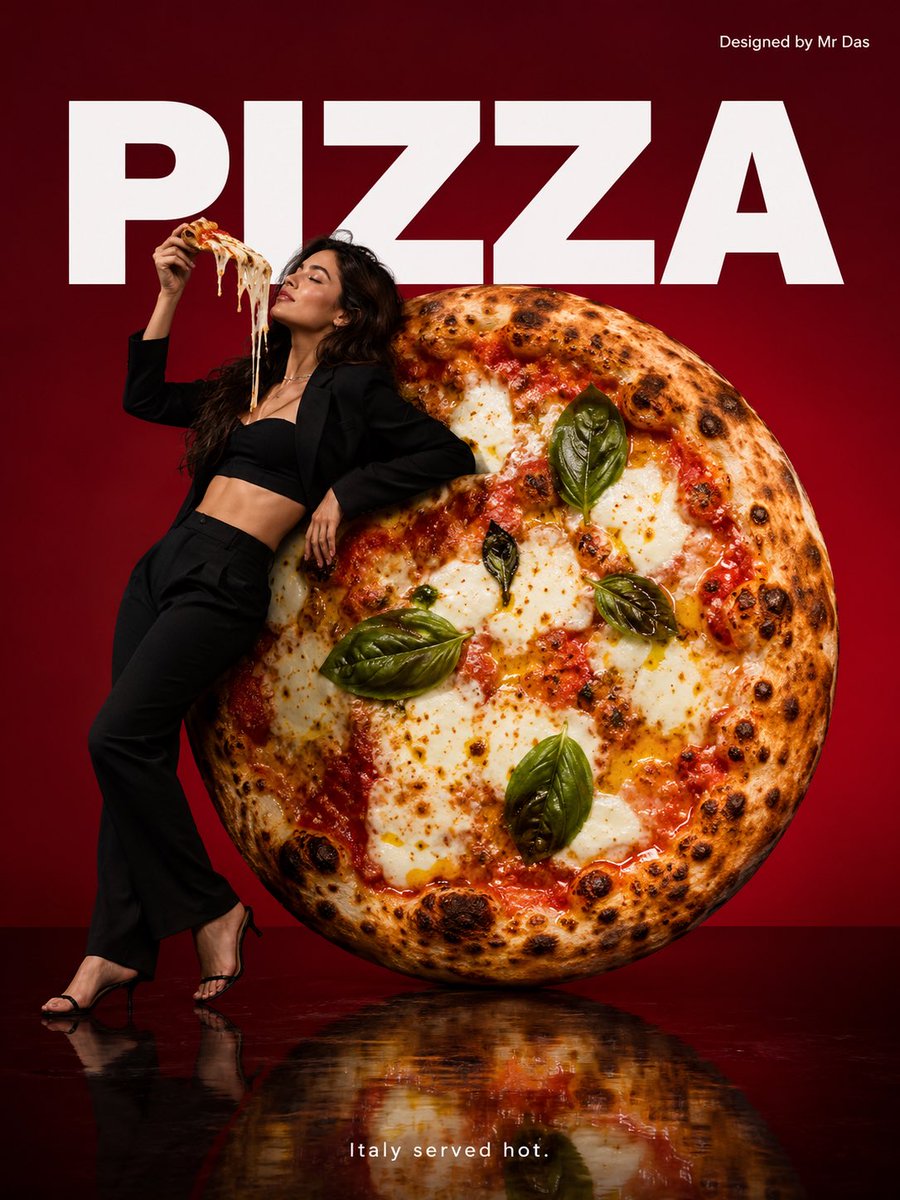 Minimalist commercial ad featuring an oversized premium {argument name="food item" default="Neapolitan pizza … - AI提示词参考图，来自西西提示词