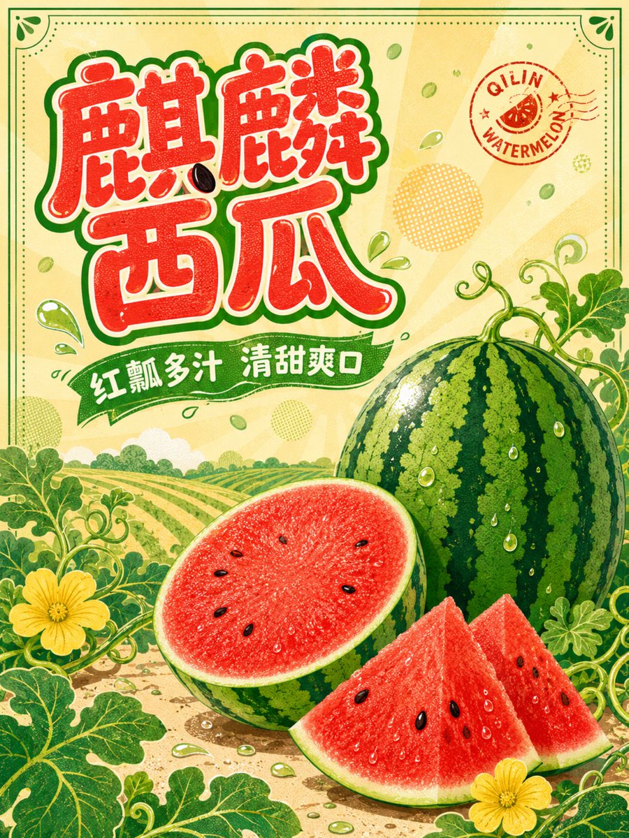 Vertical 3:4 Qilin watermelon theme commercial poster, front-view graphic design, {argument name="background … - AI提示词参考图，来自西西提示词