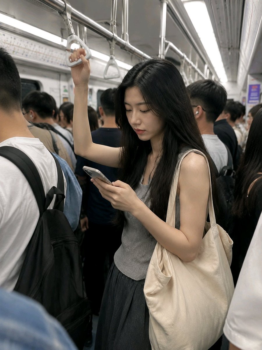 Standing in a crowded subway | Morning rush hour realism Vertical 3:4, a single realistic mobile phone snapsh… - AI提示词参考图，来自西西提示词