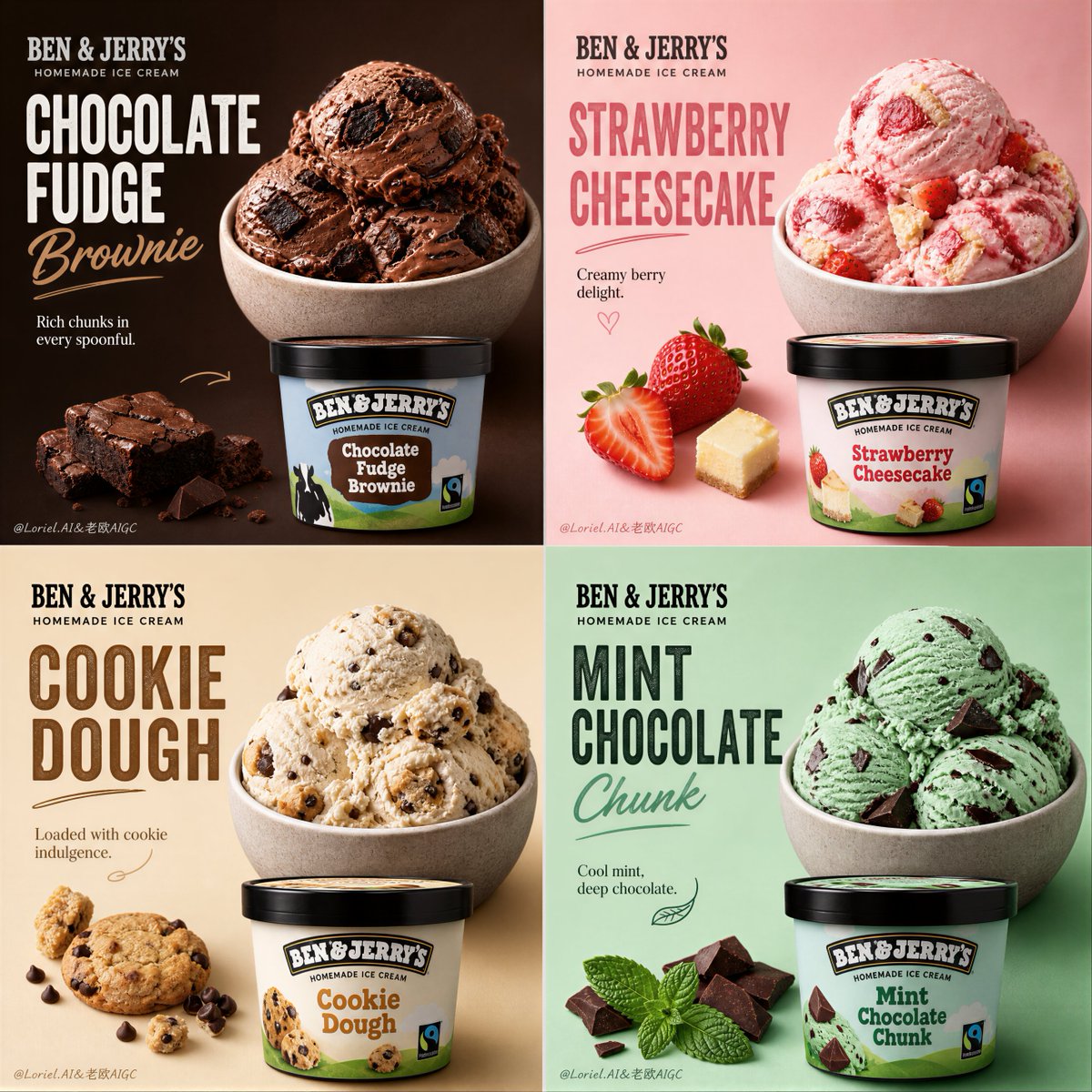 Create an ultra-premium 4-panel promotional poster for Ben & Jerry's Homemade Ice Cream, merging extreme scoo… - AI提示词参考图，来自西西提示词