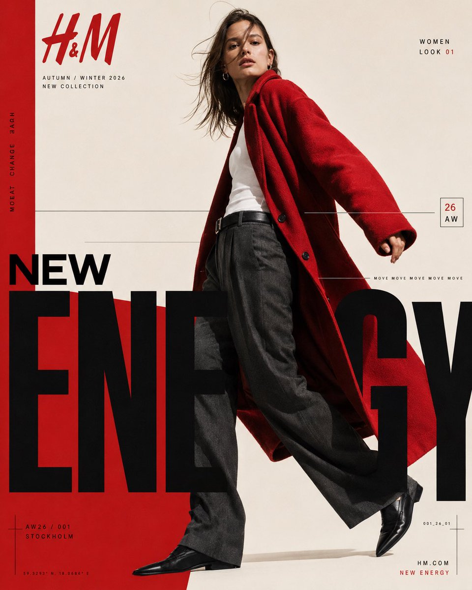 H&M — “{argument name="campaign name" default="NEW ENERGY / AW26"}” CONTEMPORARY FASHION EDITORIAL POSTER FOR… - AI提示词参考图，来自西西提示词