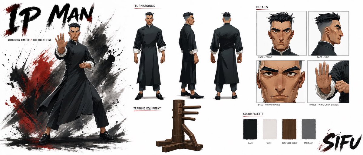 Create a premium cinematic character bible sheet for a {argument name="occupation" default="Wing Chun master"… - AI提示词参考图，来自西西提示词