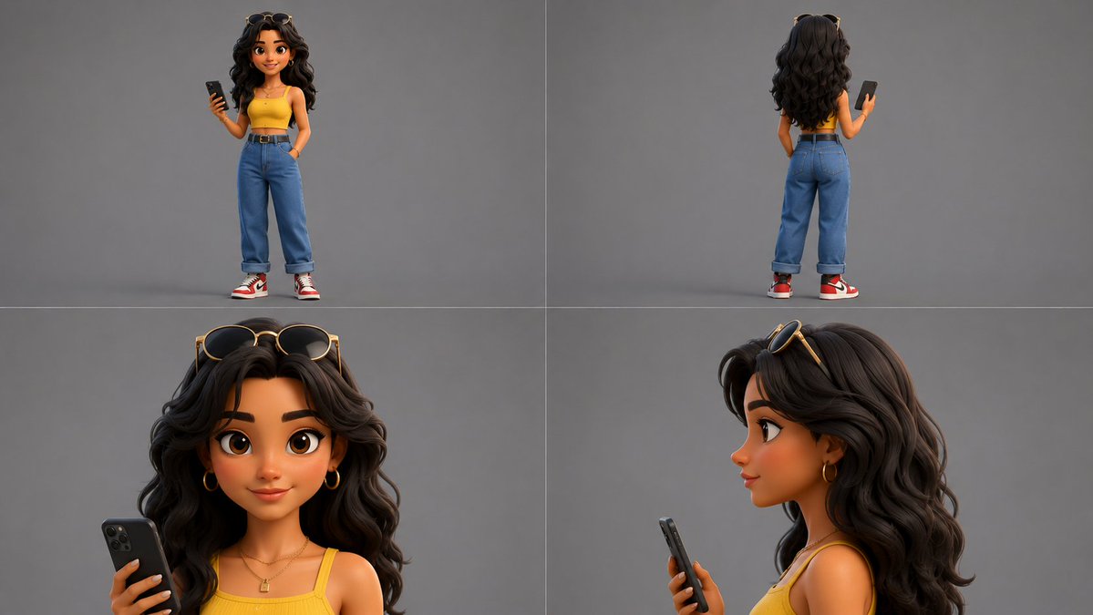A 4-view character reference sheet of a stylish {argument name="age" default="20"}-year-old girl with {argume… - AI提示词参考图，来自西西提示词