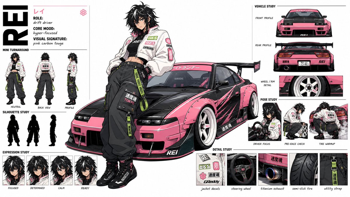 Create a premium, modern high-fashion CHARACTER & VEHICLE CONCEPT ART SHEET in a 16:9 widescreen layout on a … - AI提示词参考图,来自西西提示词