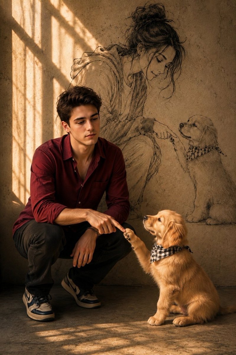 Create a vertical cinematic portrait in a warm, sepia-toned rustic room. A handsome young man with {argument … - AI提示词参考图，来自西西提示词