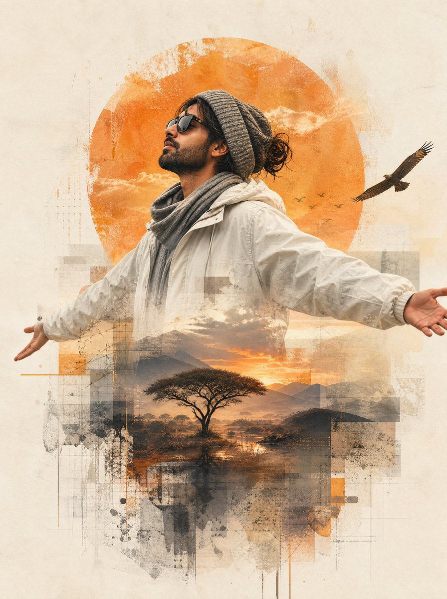 Create a premium contemporary mixed-media editorial collage portrait of {argument name="character description… - AI提示词参考图，来自西西提示词