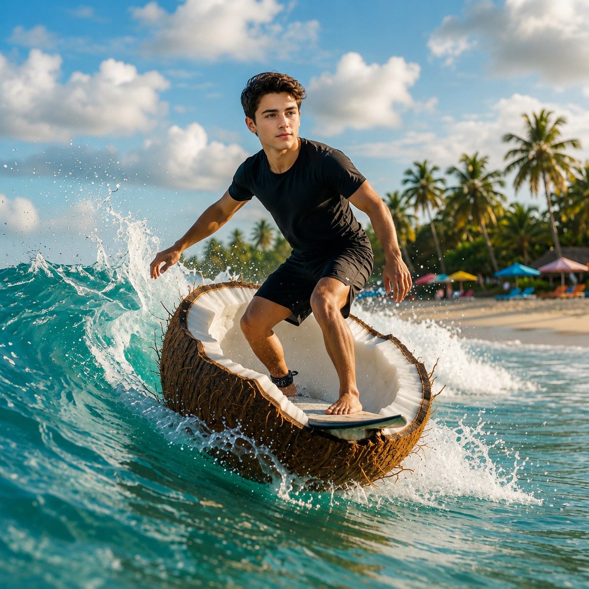 Create a photorealistic cinematic action image of a young adult man surfing on a giant hollow coconut shell i… - AI提示词参考图，来自西西提示词
