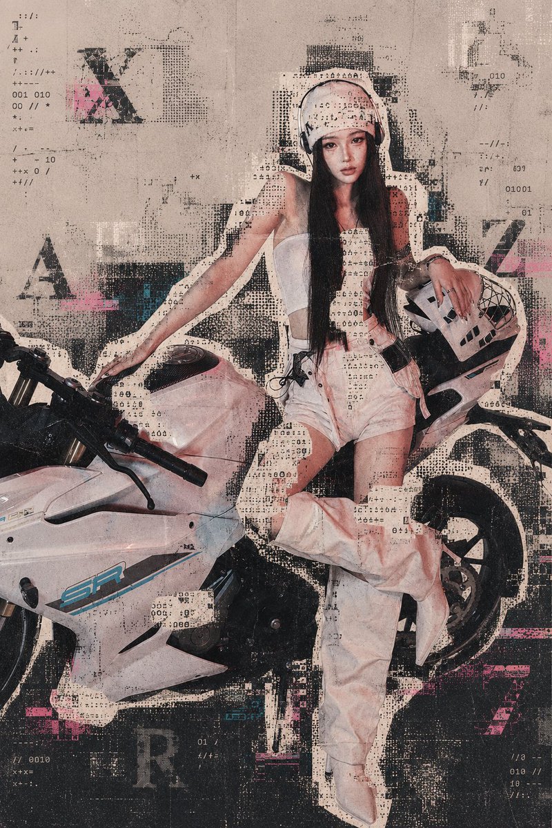 Create a vertical futuristic fashion poster with an archival print-glitch aesthetic. A young woman with {argu… - AI提示词参考图，来自西西提示词