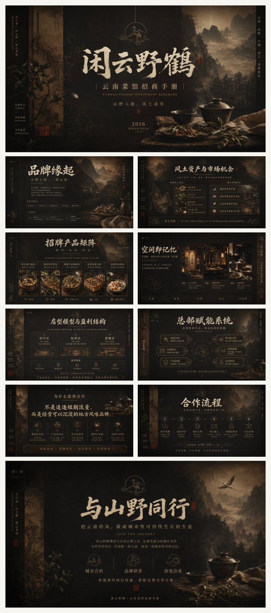 Goal: Create a complete 10-slide widescreen PowerPoint-style招商手册 / brand investment brochure for a premium Yu… - AI提示词参考图，来自西西提示词