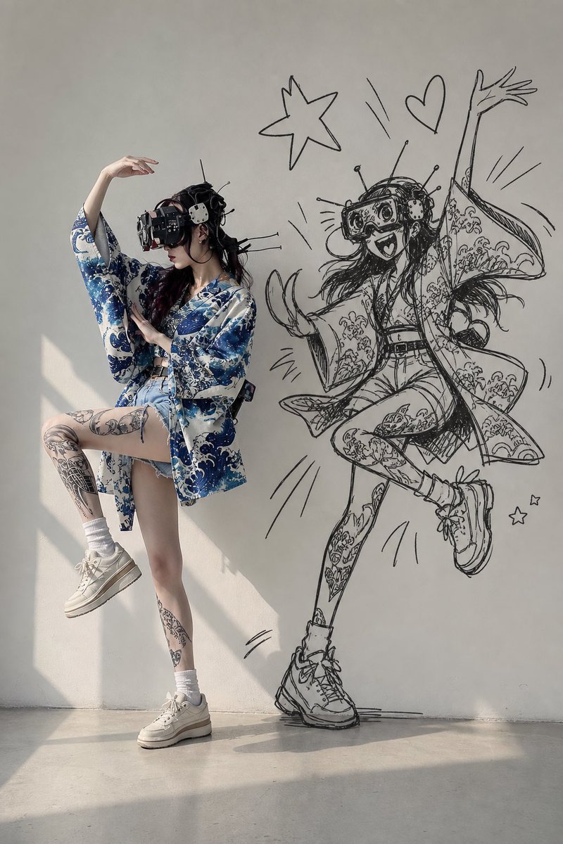 Create a vertical photorealistic fashion-editorial image in a minimalist studio with a smooth light gray wall… - AI提示词参考图，来自西西提示词