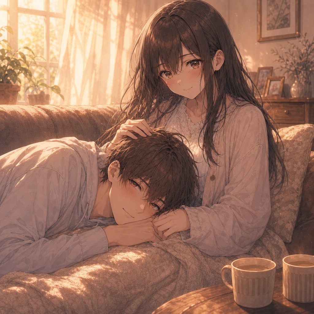 Create a warm, intimate anime-style illustration of a young couple relaxing together on a cozy sofa in a sunl… - AI提示词参考图，来自西西提示词