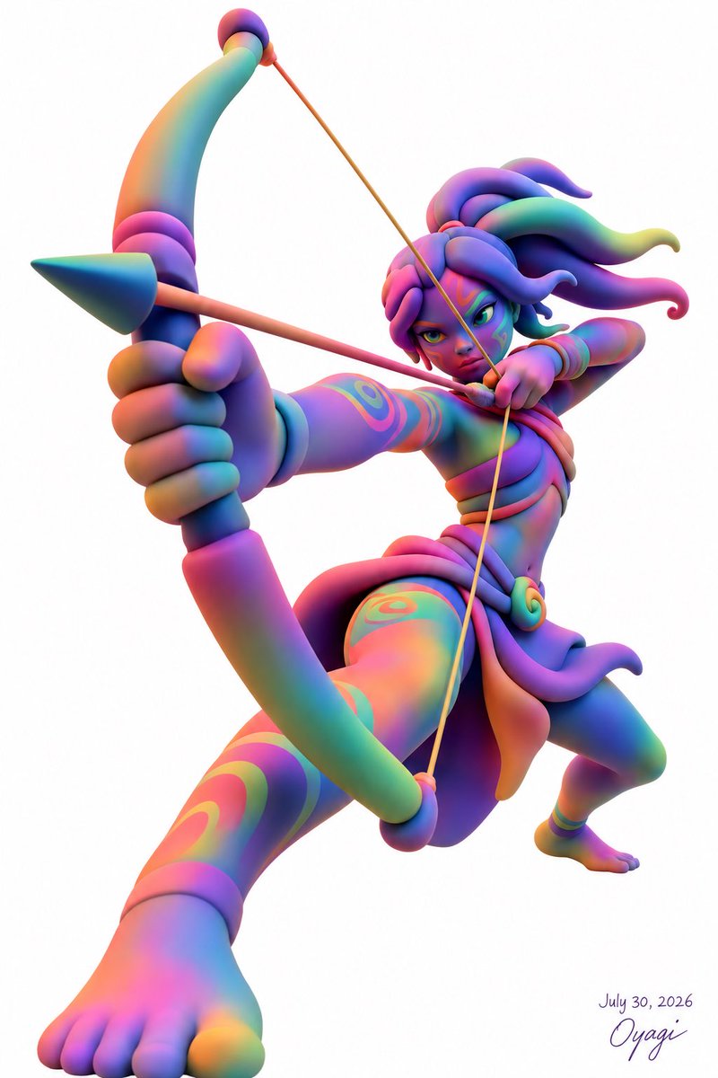 Create a dynamic full-body 3D stylized fantasy illustration of one athletic humanoid archer, {argument name="… - AI提示词参考图,来自西西提示词