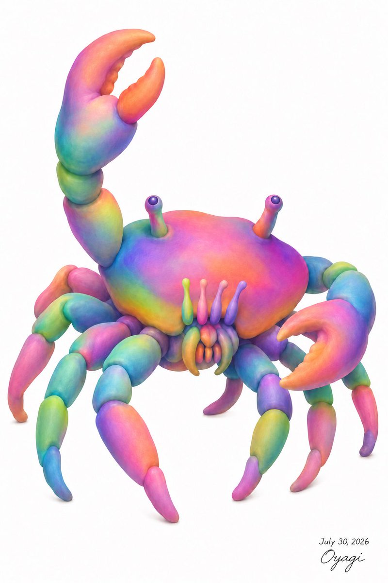 Create a whimsical full-body 3D clay-like illustration of a crab on a clean white background, centered with l… - AI提示词参考图，来自西西提示词