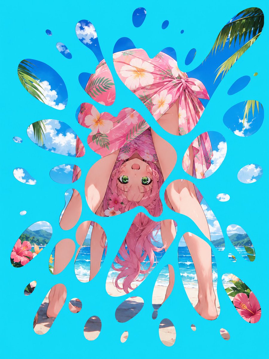 Create a vertical 3:4 anime trick-art illustration on a vivid turquoise cyan background, as if the solid colo… - AI prompt reference from CC Prompt Galaxy
