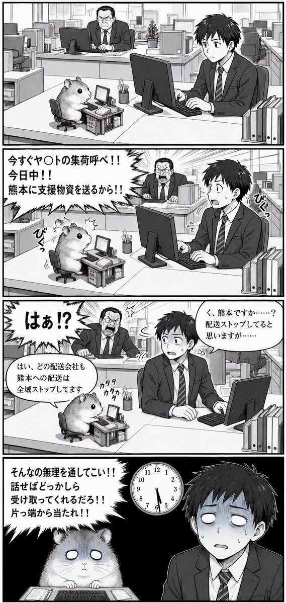 Goal: Create a vertical black-and-white Japanese manga page about an absurd office crisis involving a hamster… - AI提示词参考图，来自西西提示词