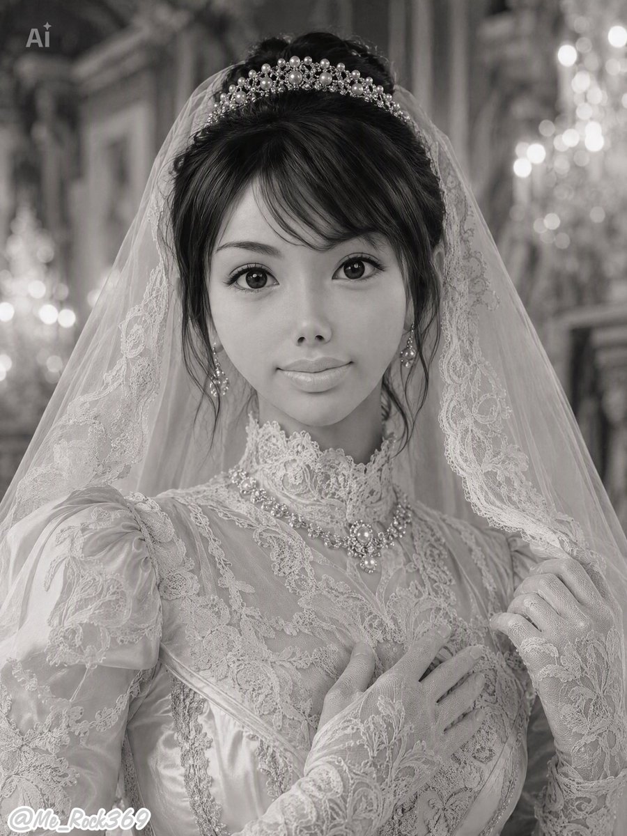 Create a monochrome, vertically framed romantic portrait of a young East Asian woman dressed as a 19th-centur… - AI提示词参考图，来自西西提示词