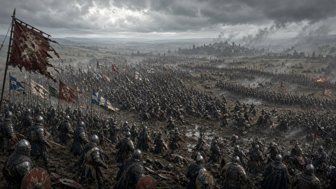Create a dark, cinematic medieval battlefield panorama in ultra-wide 16:9 format. The scene shows a vast army… - AI提示词参考图，来自西西提示词