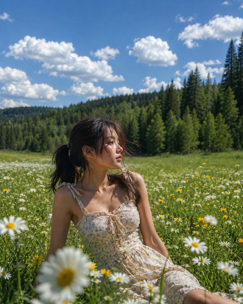 Ultra-photorealistic outdoor fashion portrait of {argument name="subject" default="the same young Asian woman… - AI提示词参考图，来自西西提示词