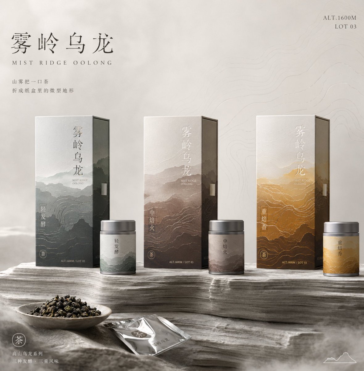 Design a set of tea packaging key visuals for a packaging design proposal, with the concept '{argument name="… - AI提示词参考图，来自西西提示词