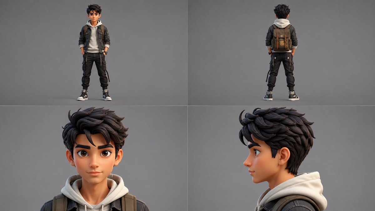 A 4-view character reference sheet of a {argument name="age" default="9"}-year-old boy with {argument name="h… - AI提示词参考图，来自西西提示词