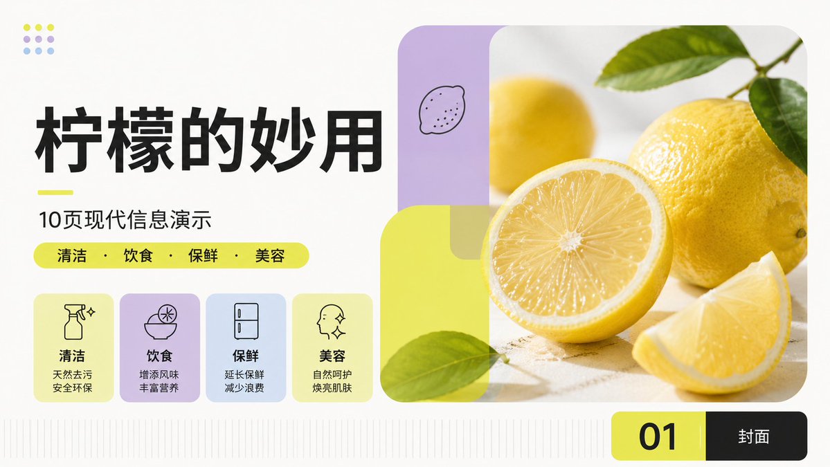 Goal: Create a clean modern Chinese PPT cover slide about {argument name="topic" default="柠檬的妙用"}, using an i… - AI提示词参考图，来自西西提示词