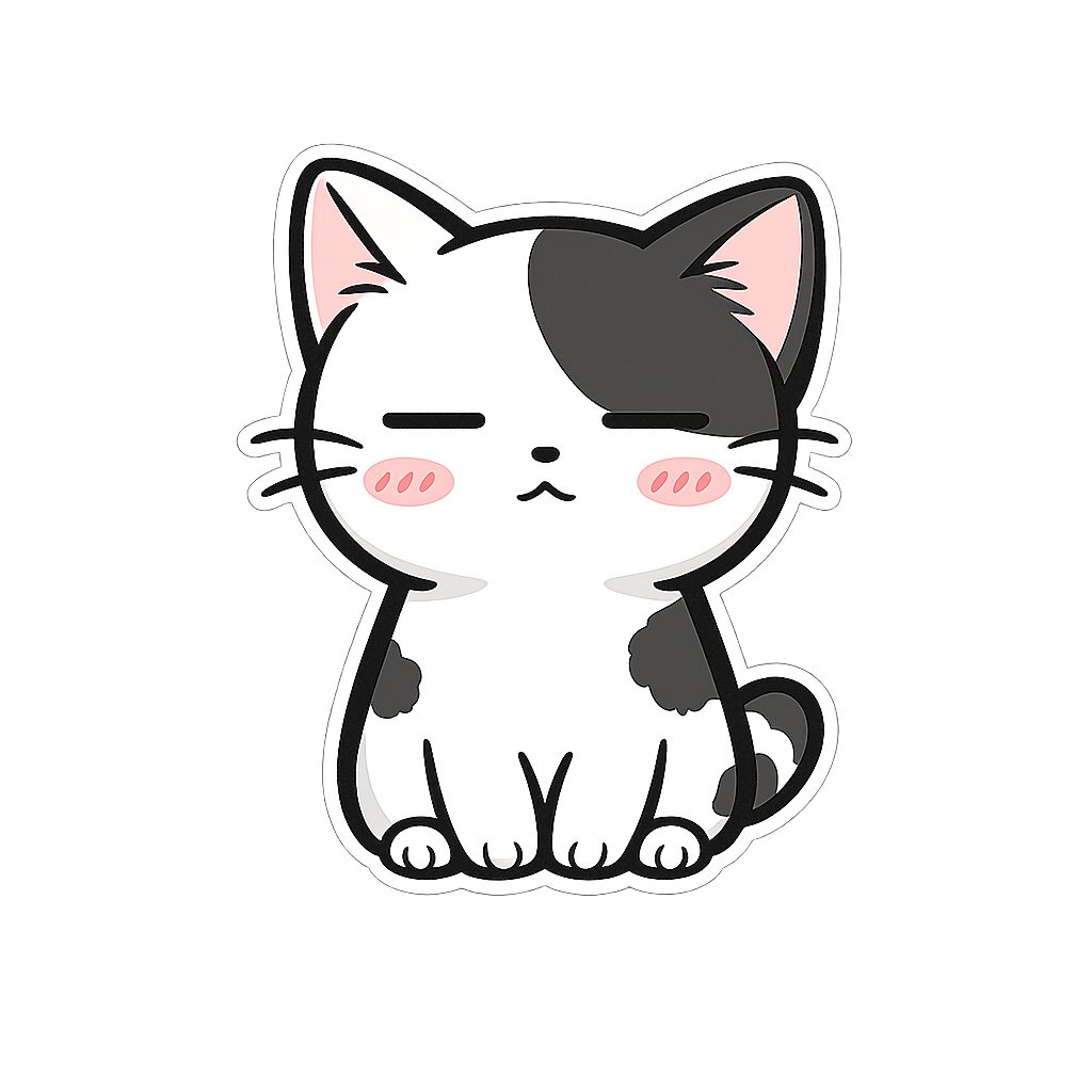 Create a cute kawaii sticker illustration of a sitting chibi cat on a plain white background. The cat is most… - AI提示词参考图，来自西西提示词