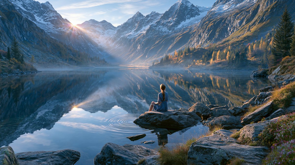 Create a cinematic ultra-realistic alpine landscape at sunrise in a wide panoramic 16:9 composition. A lone {… - AI提示词参考图，来自西西提示词