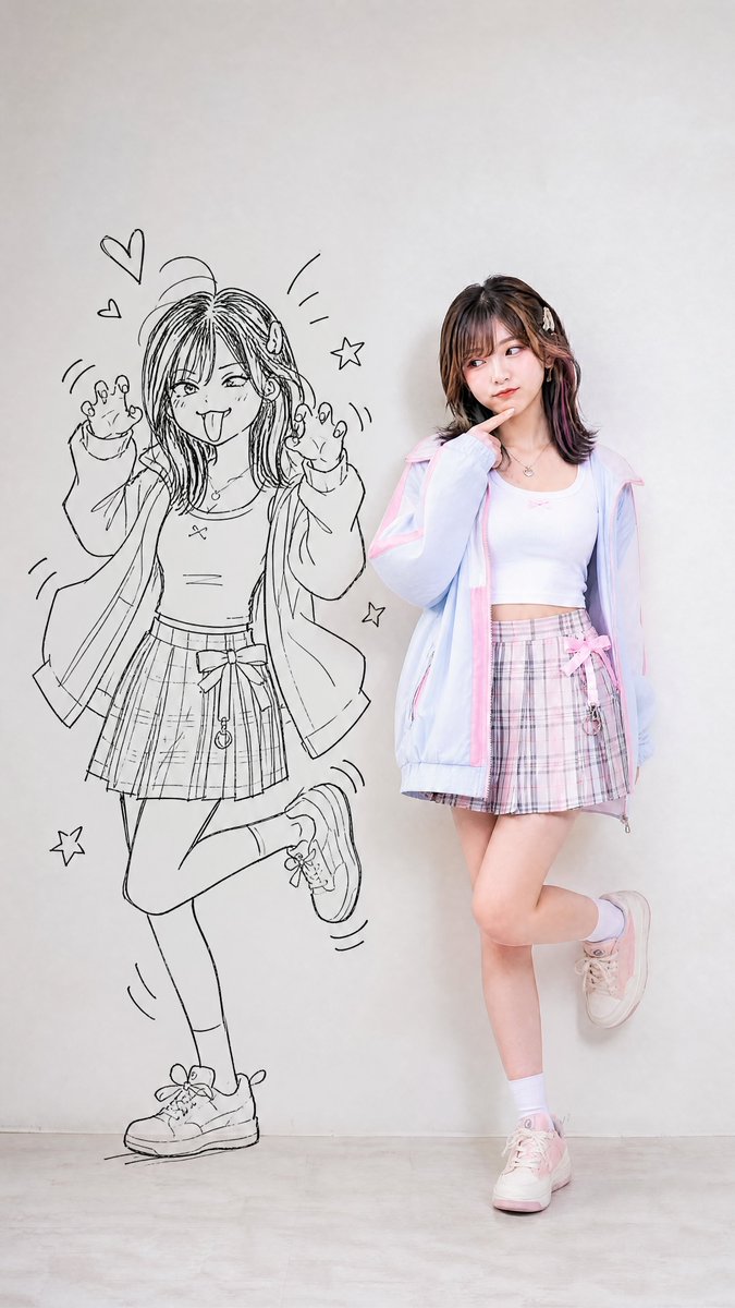 Create a vertical full-body fashion portrait in a clean studio with a plain light gray wall and pale concrete… - AI提示词参考图，来自西西提示词