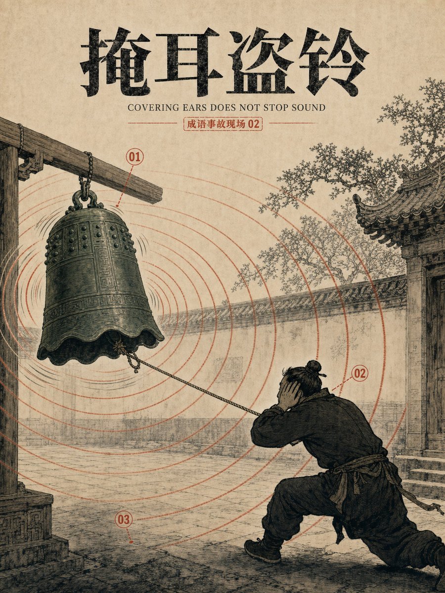 Goal: Create a vintage Chinese idiom visualization poster for {argument name="idiom title" default="掩耳盗铃"}, s… - AI提示词参考图，来自西西提示词