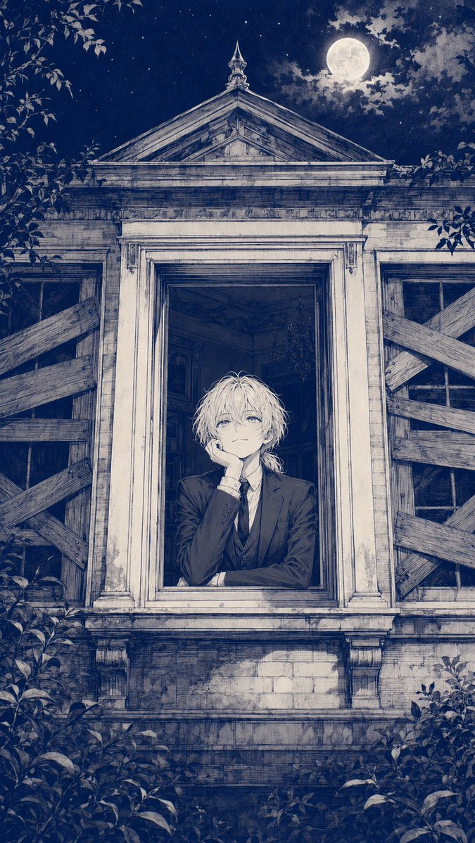 Create a vertical anime album-cover illustration in a monochrome deep navy and antique ivory ink style. Show … - AI提示词参考图，来自西西提示词