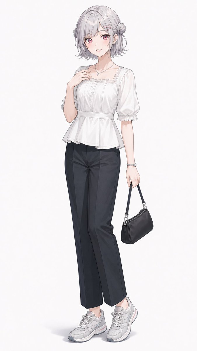 Create a full-body anime-style fashion illustration of a young woman standing against a clean plain white bac… - AI提示词参考图，来自西西提示词