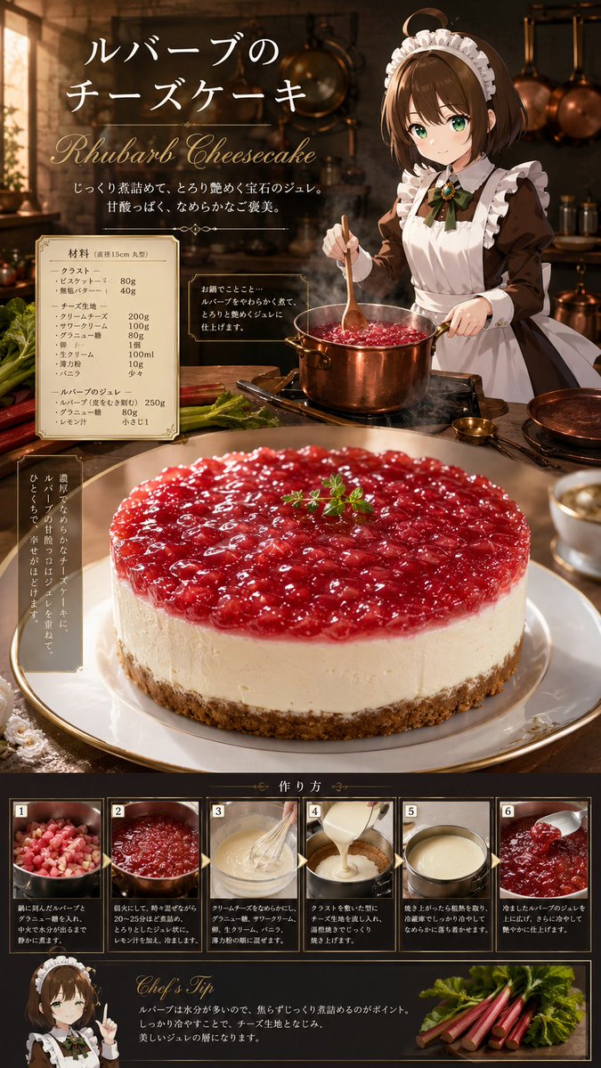 Goal: Create a vertical Japanese recipe poster for {argument name="dessert name" default="ルバーブのチーズケーキ"}, comb… - AI提示词参考图，来自西西提示词
