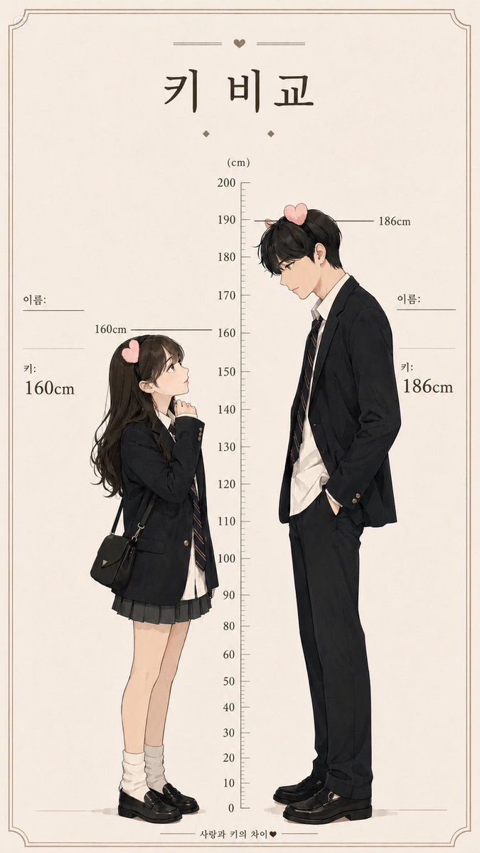 Goal: Create a vertical Korean “height comparison” meme/template poster featuring two anime-style school-unif… - AI提示词参考图，来自西西提示词