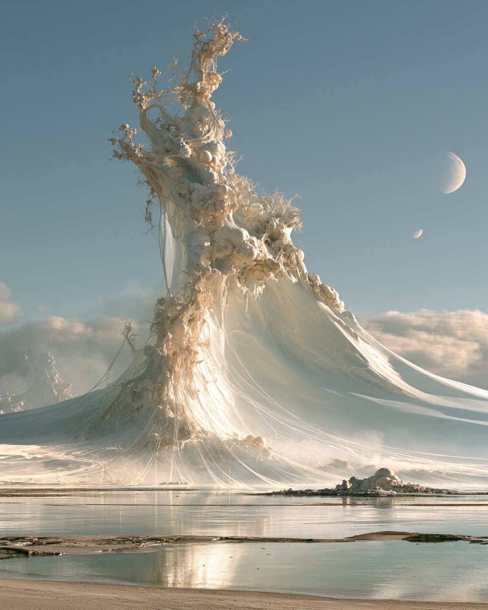Create a surreal cinematic landscape of an unknown world: a colossal organic white mountain rising from a cal… - AI提示词参考图，来自西西提示词