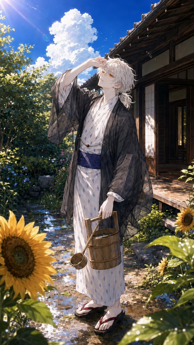 Create a vertical, highly detailed anime-style summer illustration of a beautiful young man standing in a tra… - AI prompt reference from CC Prompt Galaxy