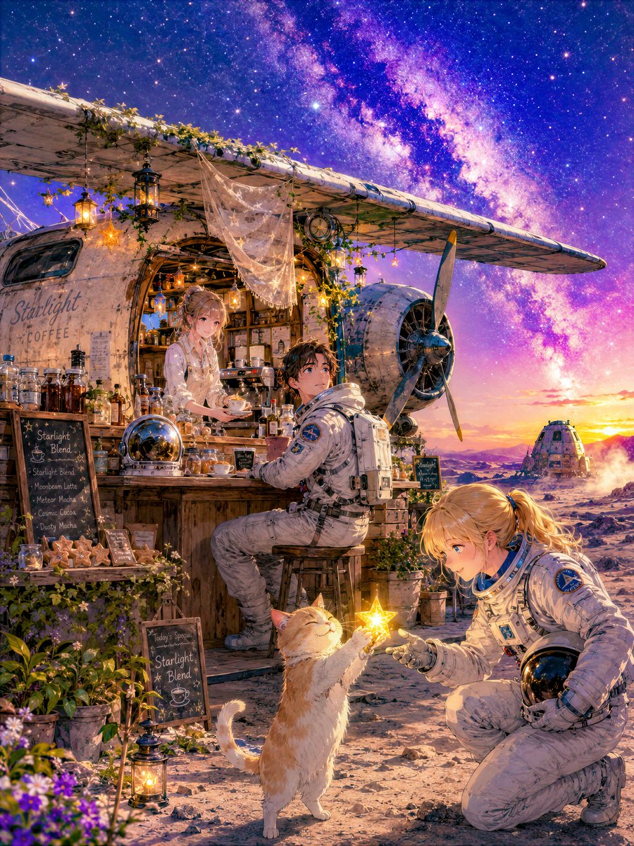 Create a richly detailed vertical anime fantasy illustration of a tiny moon café built inside a weathered vin… - AI提示词参考图，来自西西提示词