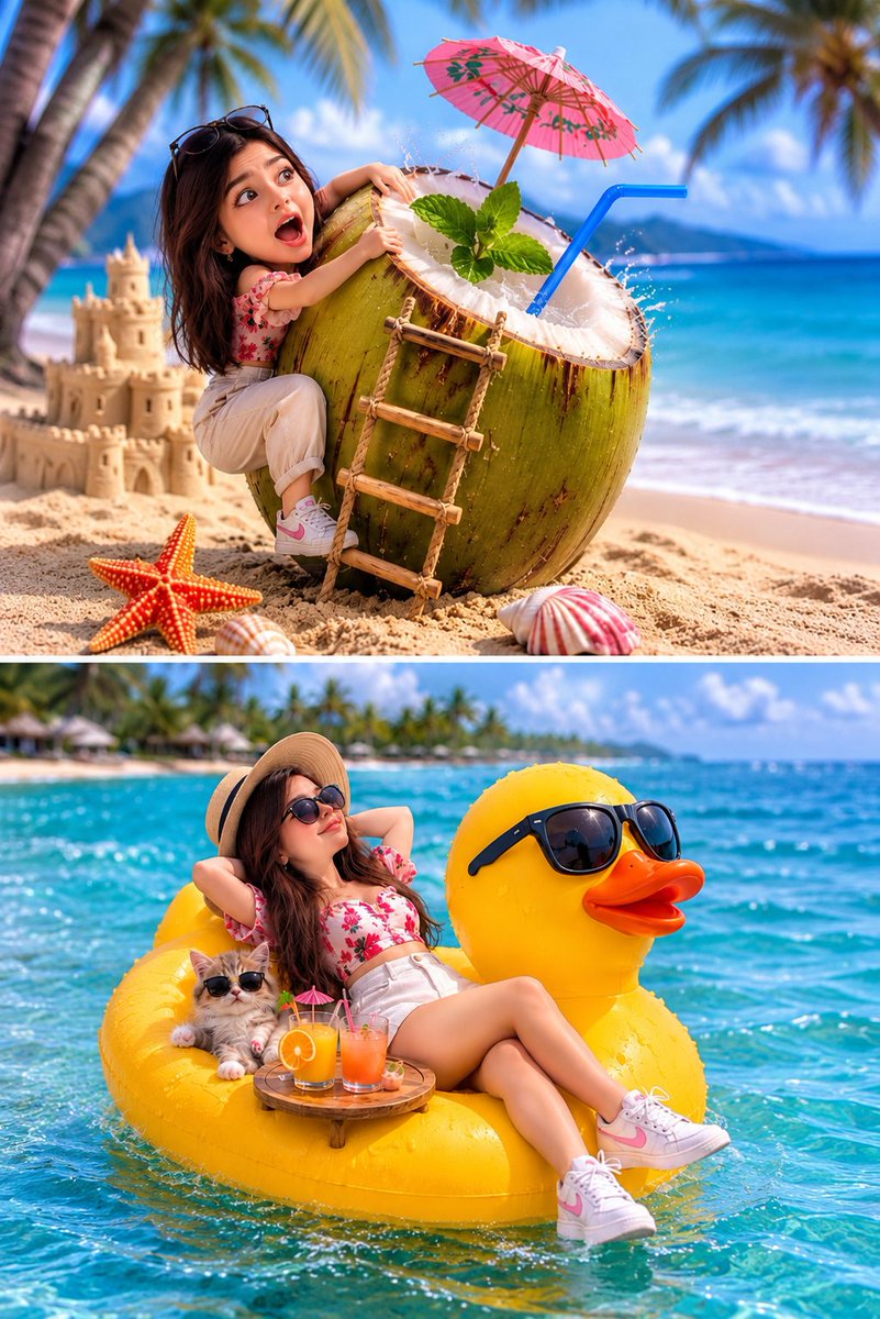 Goal: Create a humorous, ultra-realistic, cinematic vertical split-screen vacation fantasy image featuring th… - AI提示词参考图，来自西西提示词
