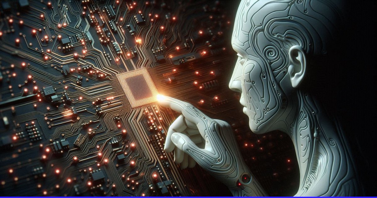 Create a cinematic widescreen sci-fi illustration of a humanoid artificial intelligence figure in right-side … - AI提示词参考图，来自西西提示词