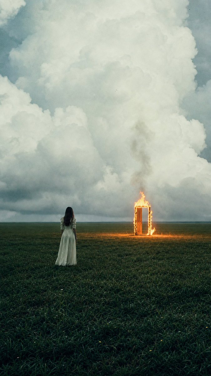 Create a vertical cinematic surreal photograph of a lone {argument name="subject" default="young woman"} seen… - AI提示词参考图，来自西西提示词