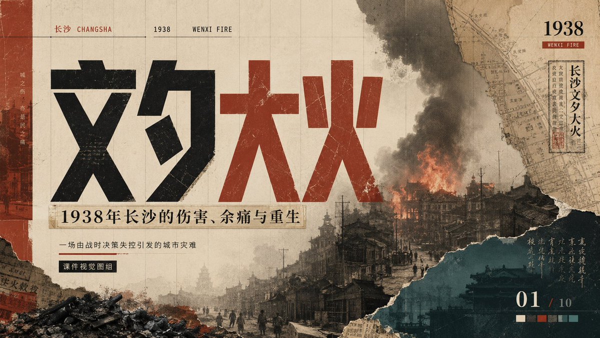 Goal: Create a 16:9 cinematic historical PowerPoint cover slide about the {argument name="historical event" d… - AI提示词参考图，来自西西提示词