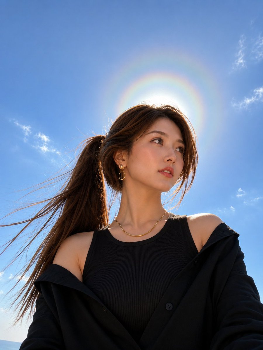 A stunning ultra-realistic low-angle portrait of a beautiful young woman standing outdoors beneath a deep blu… - AI提示词参考图，来自西西提示词